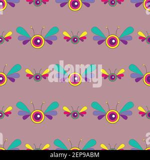 Fantasy psychedelic Insect  bright  seamless pattern. Vector cartoon butterfly. Character colorful illustration. Stock Vector