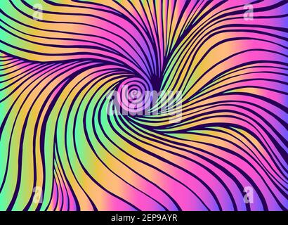 Flaming bright psychedelic decorative curved line art, neon purple pink turquoise yellow gradient color pattern. Doodle abstract waves pattern. Vector Stock Vector