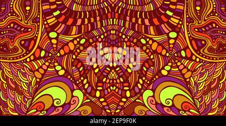 Intricate shamanic psychedelic mirror pattern with colorful maze many ornaments. Mystic abstract fantasy texture. Tribal ethnic shamanic background. C Stock Vector
