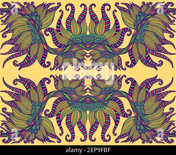 Tribal shamanic psychedelic ethnic colorful floral pattern, isolated on yellow background. Abstract surreal mirror stylish texture. Vector hand drawn Stock Vector