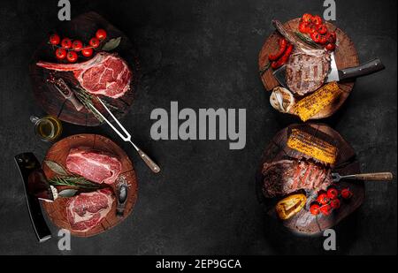 marbled beef steaks on a stone surface before and after cooking. banner, place for text Stock Photo