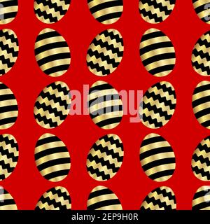 Festive Easter seamless pattern with eggs golden black pattern, isolated on red background. Vector mystical easter background with eggs. Stock Vector