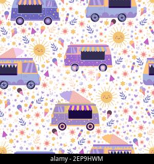 Summer colorful Ice cream trucks seamless pattern, surrounded by lovely smiling suns, flowers, hearts and ice cream. Decorative flat style vector text Stock Vector