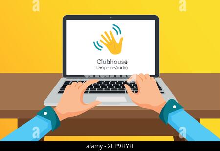 Laptop screen with Clubhouse invite logo on display. Man log in to Clubhouse on the laptop. Stock Vector