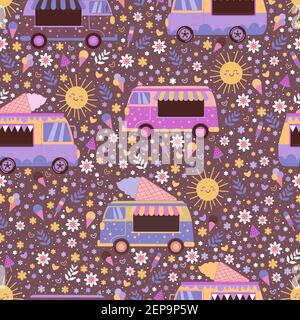 Colorful ice cream trucks seamless pattern, with cute smiling suns, flowers, hearts and ice cream. Summer sunny cartoon vector texture with toy cars a Stock Vector