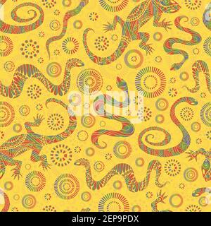 Colorful decorative lizard and snakes seamless pattern, isolated on yellow background. Tribal ethnic ornamental animal texture. Vector hand drawn illu Stock Vector