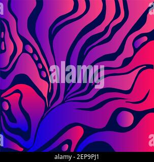 Vintage vivid colorful abstract pattern, neon pink blue gradient color, isolated on dark blue background. Vector hand drawn illustration. Vibrant deco Stock Vector
