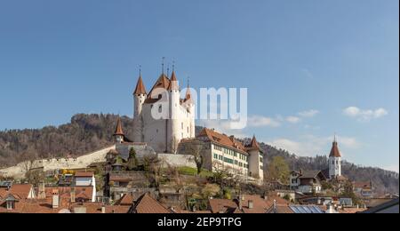 Thun city skyline with panoramic view of medieval castle and church on sunny day a swiss travel destination in switzerland bern. Stock Photo