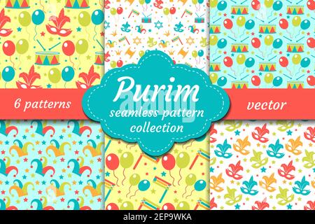 Carnival seamless pattern set. Collection Purim background. Holiday, masquerade, festival, birthday party. Endless backdrop, repetitive texture Stock Vector