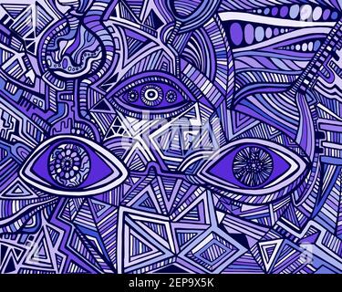 Fantastic bizarre shamanic eyes of crazy patterns. Surreal doodle stylish card. Abstract pattern with maze ornaments. Vector hand drawn illustration. Stock Vector