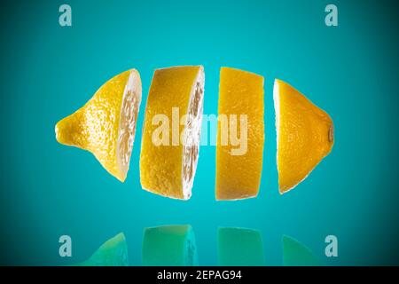 Sliced fresh lemon levitating  on blue background. Stock Photo