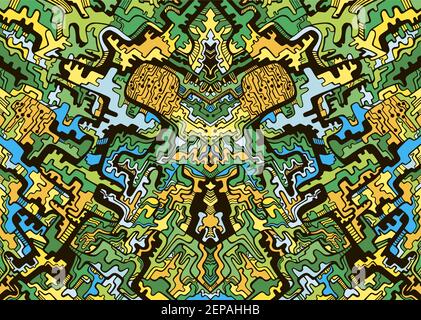 Doodle bright psychedelic abstract background. Vector hand drawn symmetrical illustration. Colorful texture with many ornament cartoon style. Stock Vector