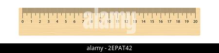 Realistic wooden ruler 20 centimeters. Math tool. Vector illustration isolated on white Stock Vector
