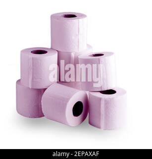 The pink roll of toilet papers on a white background Stock Photo