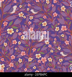 Birds sit on branches in the forest of flowers seamless pattern, isolated violet background. Doodle style. Vector hand drawn fantasy decorative illust Stock Vector