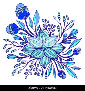 Cyan and dark blue fantasy flower, framed by leaves and buds. Decorative florets isolated on white background. Vector hand drawn illustration with blo Stock Vector