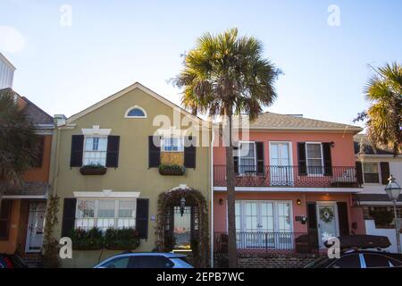 Charleston, South Carolina, USA - February 20, 2021: Historic houses along the famous Rainbow Row in the heart of historical downtown Charleston Stock Photo