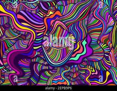 Juicy summer vivid abstract lines art maze pattern, rainbow color. Decorative psychedelic stylish card. Vector hand drawn illustration. Doodles wave b Stock Vector