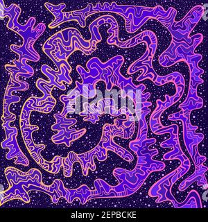 Vintage psychedelic abstract space maze of ornaments, pink yallow gradient outline, blue shades pattern color on dark background with stars. Surrealis Stock Vector