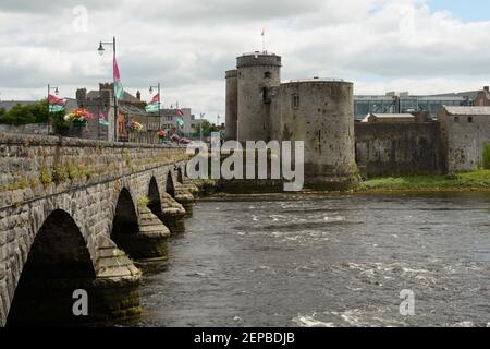 The Thomond Bridge leading to King John's Castle in Limerick, Ireland. Stock Photo