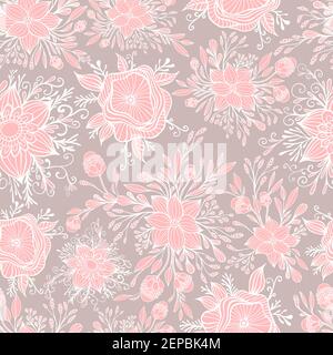Fantasy blooming flowers seamless pattern. Delicate pink white flowers isolated on a light brown background. Elegant texture with fantastic florets. V Stock Vector