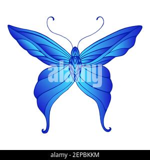 Butterfly with patterned wings, bright gradient cyan and dark blue color, isolated white background. Vector hand drawn illustration with insect. Color Stock Vector