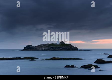 Godrevy Lighthouse which sits on an island off the north coast of Cornwall. Stock Photo