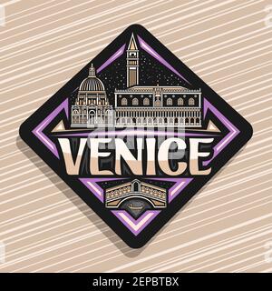Vector logo for Venice, black rhombus road sign with outline illustration of famous ancient venice city scape on dusk sky background, decorative fridg Stock Vector