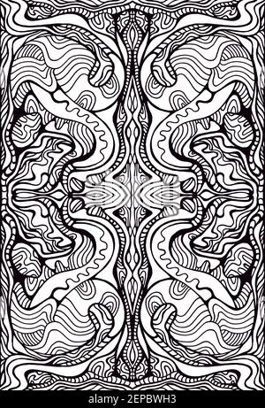 Psychedelic crazy waves ornament coloring page. Surreal stylish card. Vector illustration. Antistress psychedelic tribal background. Black and white s Stock Vector