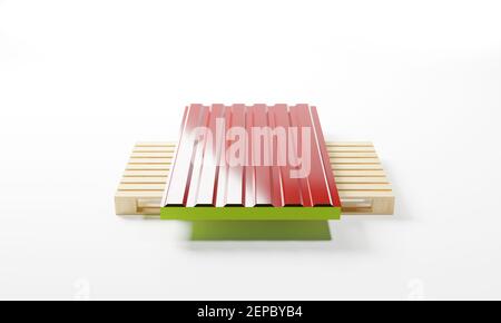 3D render of a metal profiled panel withs filler-mineral wool on a pallet isolated on a white background.Illustration of a digital image for industria Stock Photo