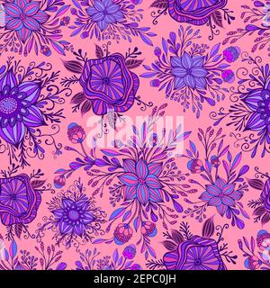 Blooming colorful flowers seamless pattern. Purple magenta blue flowers isolated on pink background. Elegant texture with wild fantasy flowers. Vector Stock Vector