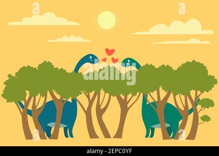 Two cute brachiosaurus dinosaurs met eyes on the tops of trees and fell in love. Vector illustration with prehistoric animals and landscape. Cartoon f Stock Vector