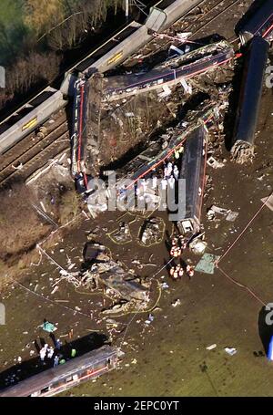 File photo dated 13/12/01 of an aerial view of the scene of the horrific crash in Selby North Yorks, where two train drivers, two others GNER staff and six passengers died on February 28 2001, after the Newcastle to London passenger service struck a Land Rover which had careered off the M62 motorway and crashed onto the track. Issue date: Saturday February 27, 2021. Final preparations are under way the mark the 20th anniversary of the Selby Rail Crash - the worst UK rail tragedy of the 21st century. Stock Photo