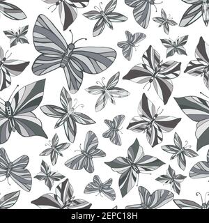 Butterflies seamless decorative pattern. Monochrome color moths graceful background. Vector hand drawing texture with insects. Stock Vector