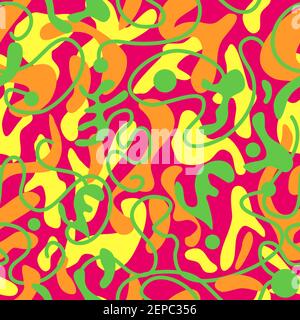 Bright stylish abstract shapes seamless pattern. Juicy colorful summer background yellow orange green colors isolated on crimson background. Vector su Stock Vector