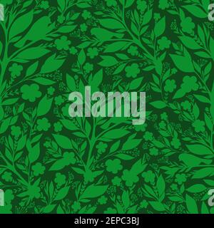 Silhouettes birds and branches, leaves and flowers of green juicy color seamless pattern isolated dark green background. Forest fantasy colorful vecto Stock Vector
