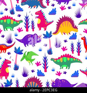 Bright colorful funny dinosaurs seamless pattern. Cartoon flat style. Vector background with jurassic animals triceratops, diplodocus, tyrannosaurus, Stock Vector