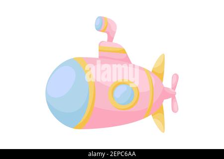 Cute pink submarine with periscope on white background. Cartoon transport for kids cards, baby shower, birthday invitation, house interior. Bright col Stock Vector