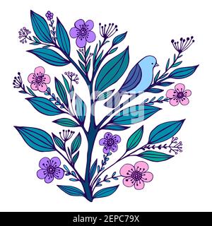Blue bird sits on a flowering branch with flowered and leaves, isolated on a white background. Cartoon doodle style. Vector hand drawn cute colorful i Stock Vector