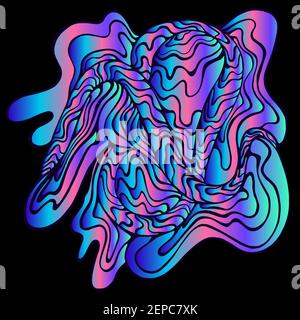 Vibrant psychedelic abstract decorative waves ornament, bright neon pink blue gradient color, isolated black background. Doodle line style element. Ve Stock Vector