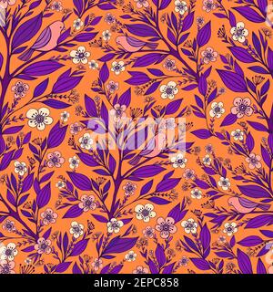 Cartoon funny little birds sit on flowering branches with leaves seamless pattern, isolated orange background. Doodle style. Vector hand drawn cute il Stock Vector