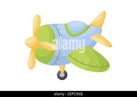 Cute blue-green airplane on white background. Cartoon transport for kids cards, baby shower, birthday invitation, house interior. Bright colored child Stock Vector