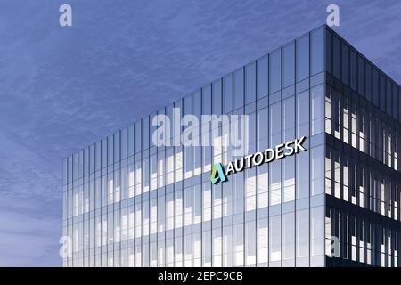 San Rafael, CA, USA. February 18, 2021. Editorial Use Only, 3D CGI. Autodesk  Signage Logo on Top of Glass Building. Workplace Computer Software Compan  Stock Photo - Alamy