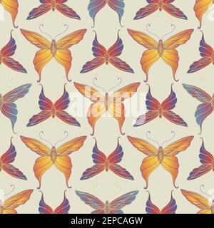 Vintage decorative butterfly seamless pattern, gradient color, isolated light brown background.Vector hand drawn illustration with insect. Texture wit Stock Vector