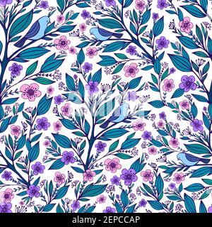 Little birds sit on flowering branches with flowers and leaves seamless pattern. Cartoon doodle style. Vector hand drawn cute illustration. Spring fan Stock Vector