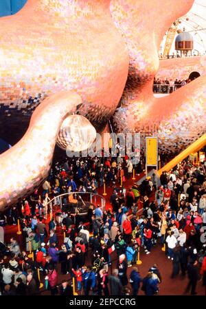 Visitors queue for The Body Zone exhibit inside the Millennium Dome, Greenwich, London, England - 27 November 2000 Stock Photo