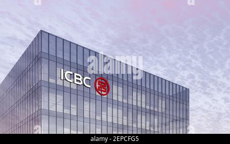 Beijing, China. February 19, 2021. Editorial Use Only, 3D CGI. Industrial and Commercial Bank of China Signage Logo on Top of Glass Building. Workplac Stock Photo