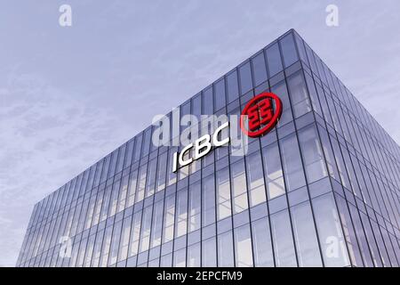 Beijing, China. February 19, 2021, Editorial Use Only, 3D CGI. Industrial and Commercial Bank of China Signage Logo on Top of Glass Building. Workplac Stock Photo