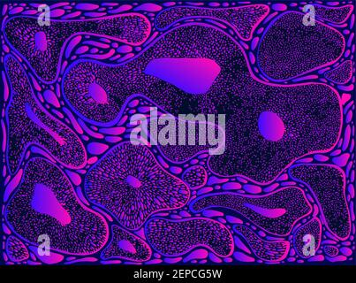 Vintage style abstract fantastic sea corals pattern, neon pink blue gradient color, isolated on dark blue. Fantasy psychedelic decorative background. Stock Vector