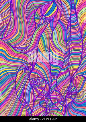 Psychedelic colorful waves. Fantastic art with decorative texture. Surreal doodle pattern. Rainbow neon vibrant colors abstract pattern, maze wave of Stock Vector